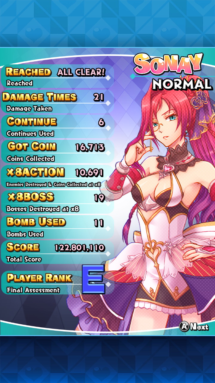 Screenshot: Sisters Royale detailed score of the character Sonay on Normal difficulty showing a score of 122 801 110, rank E